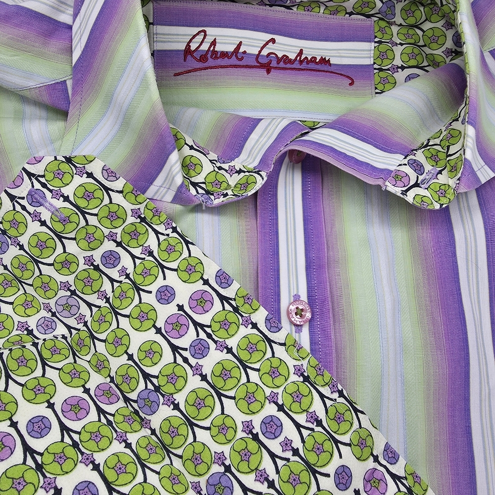 Robert Graham, Blue/Purple/Green Striped Long Sleeve Shirt, 2XL, Flip Cuff
